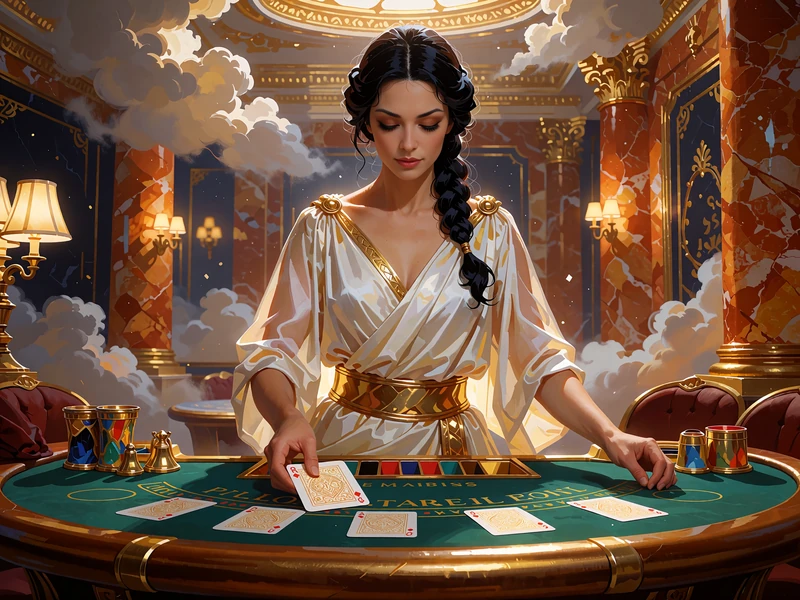 Krupierka w białym greckim chitonie rozdaje karty przy zielonym stole blackjacka - live casino w Hercules Casino
