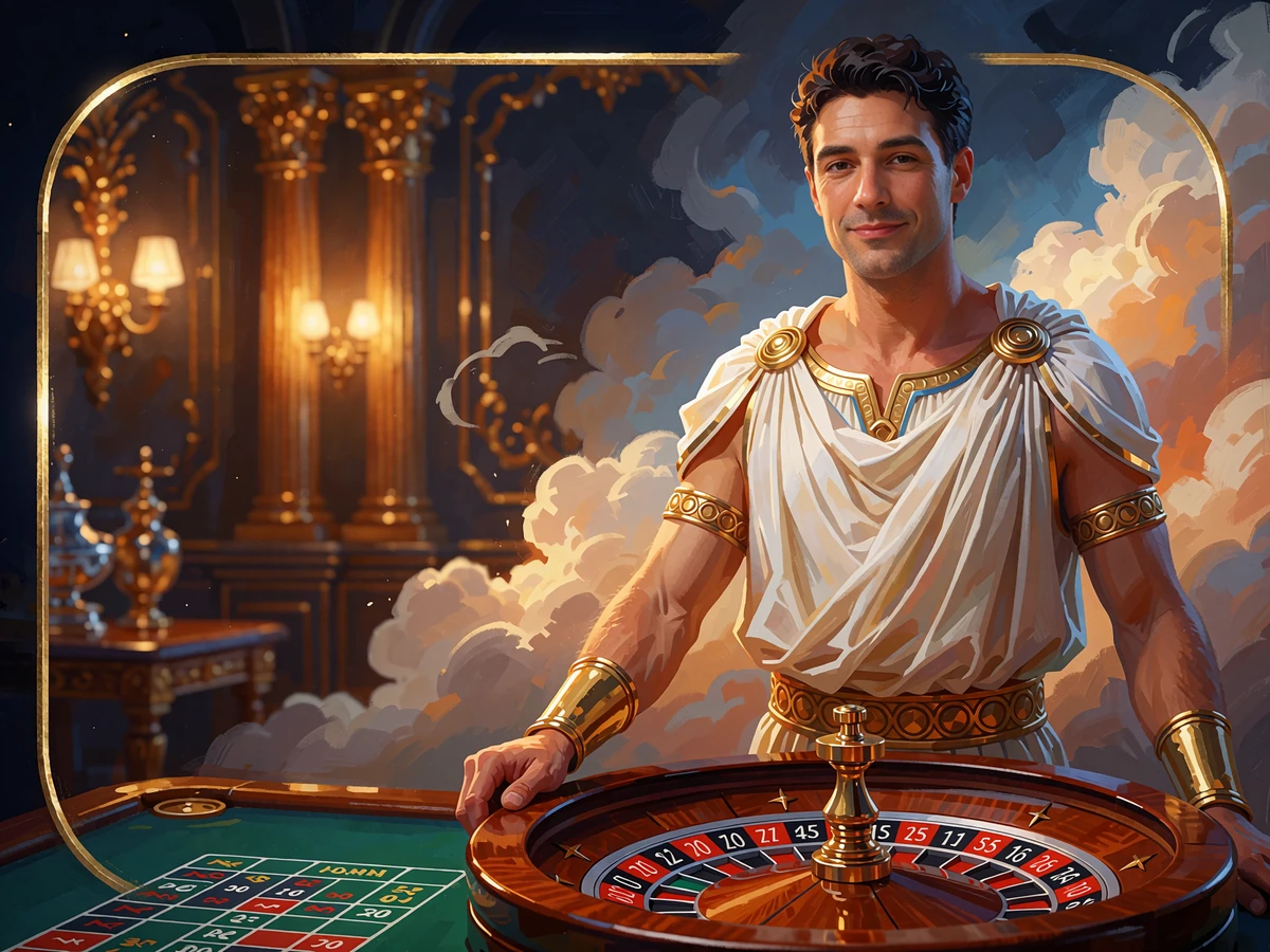 Krupier w białym greckim chitonie przy stole ruletki - live casino na żywo w Hercules Casino