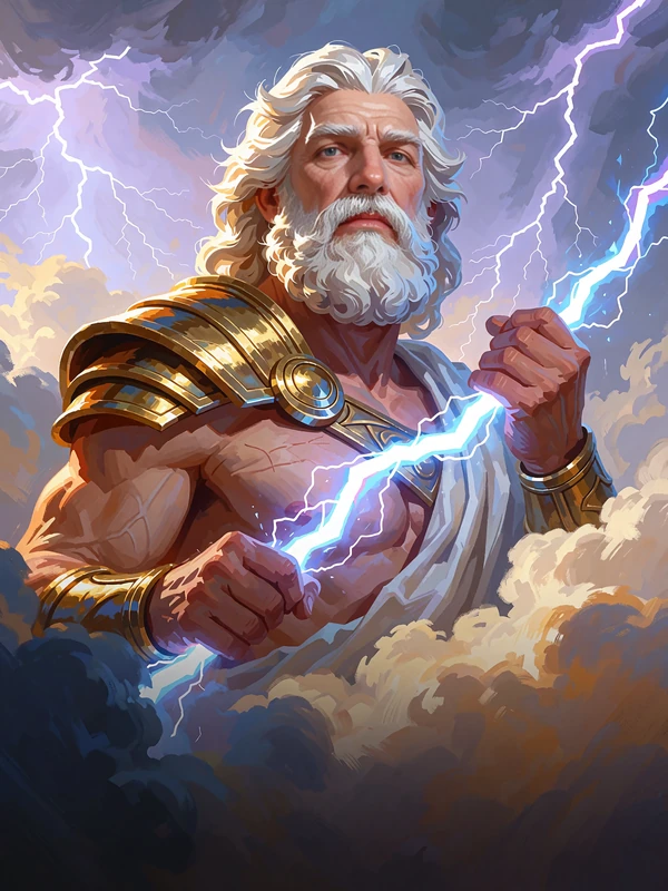 Zeus z błyskawicą w dłoni na tle burzowego nieba - kafelek slotu mitologicznego w kasynie online