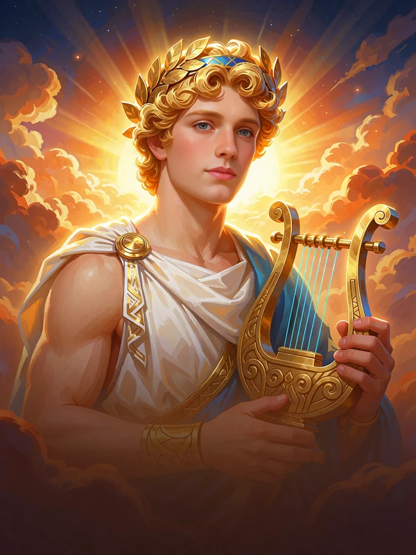 Apollo z wieńcem laurowym i złotą lirą na tle wschodzącego słońca - kafelek slotu mitologicznego w kasynie