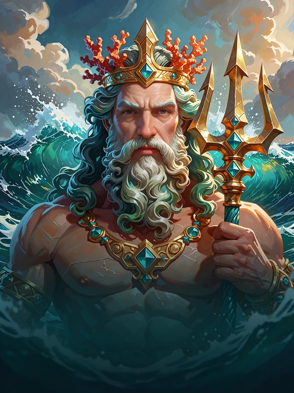 Posejdon z koroną z koralu i złotym tr&oacute;jzębem na tle spienionych fal - kafelek slotu mitologicznego