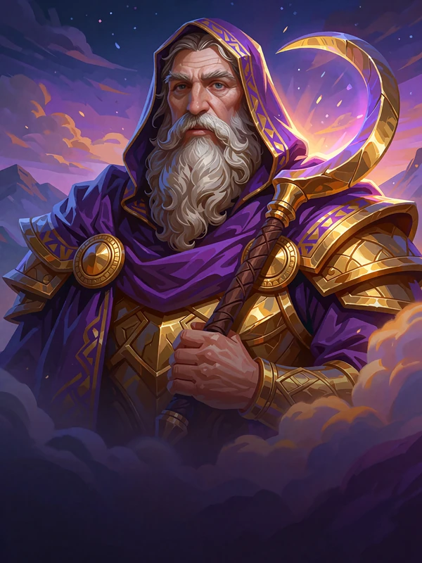 Tytan Kronos w purpurowych szatach ze złotym sierpem na ramieniu - kafelek mitologicznego slotu