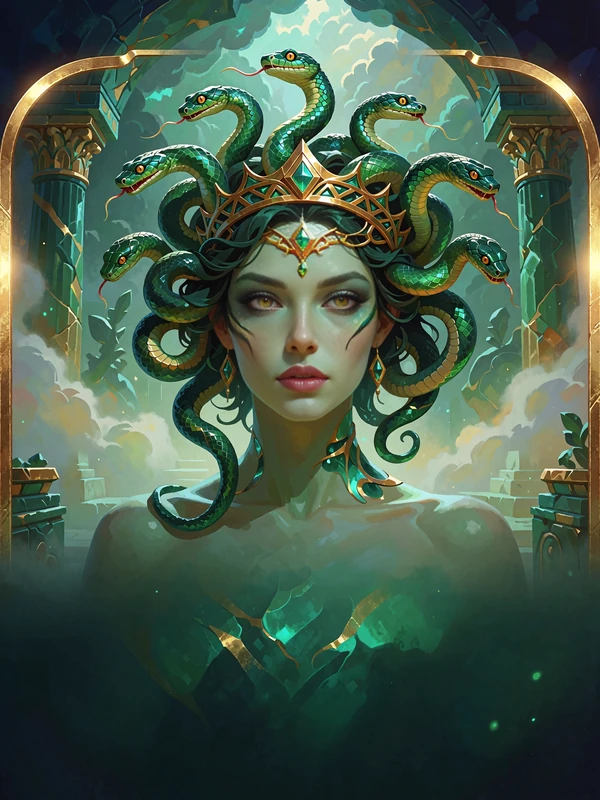 Meduza z koroną z żywych węży i złotym diademem - kafelek mitologicznego slotu Hercules Casino