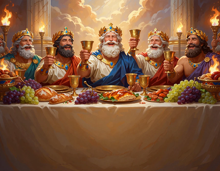 Uczta bog&oacute;w Olimpu z pucharami przy suto zastawionym stole - promocja Weekend of the Gods